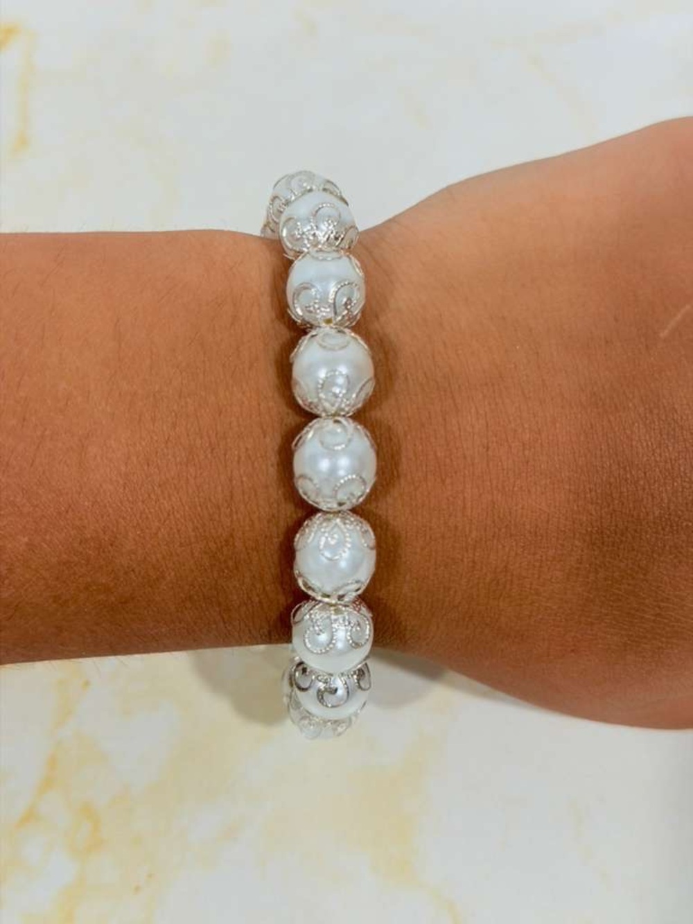 Elegant white Pearl & Silver Filigree Bracelet - Women Jewelry- STACKABLE